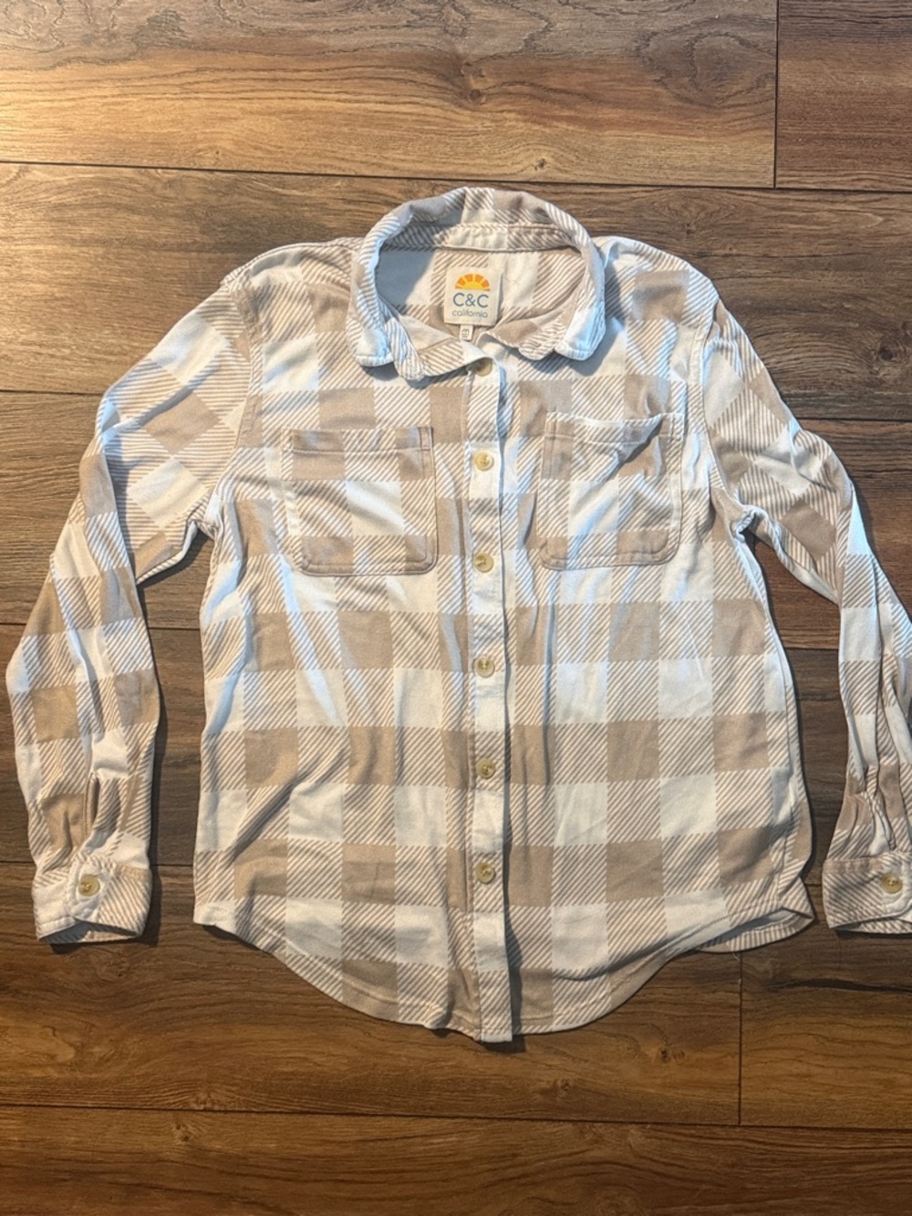 C&C California Beige and White Plaid Button-Down Shirt